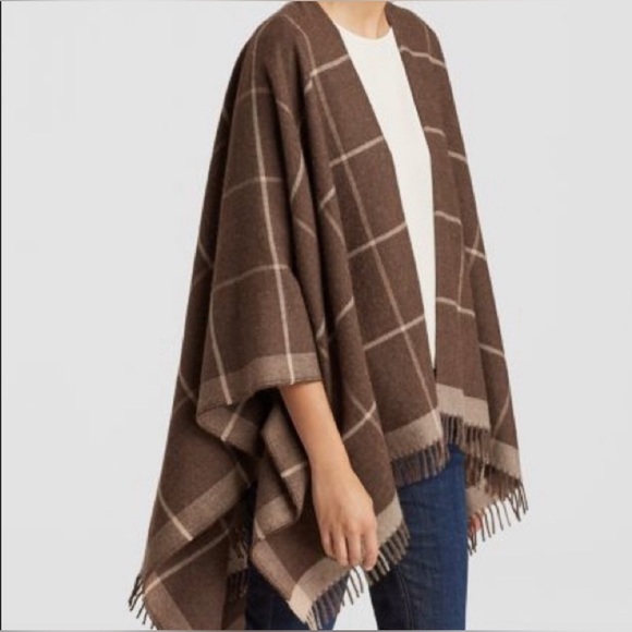 Eileen Fisher Accessories - Eileen Fisher Women’s Shawl/Poncho 100% Baby Alpaca Brown Large Plaid Fringe